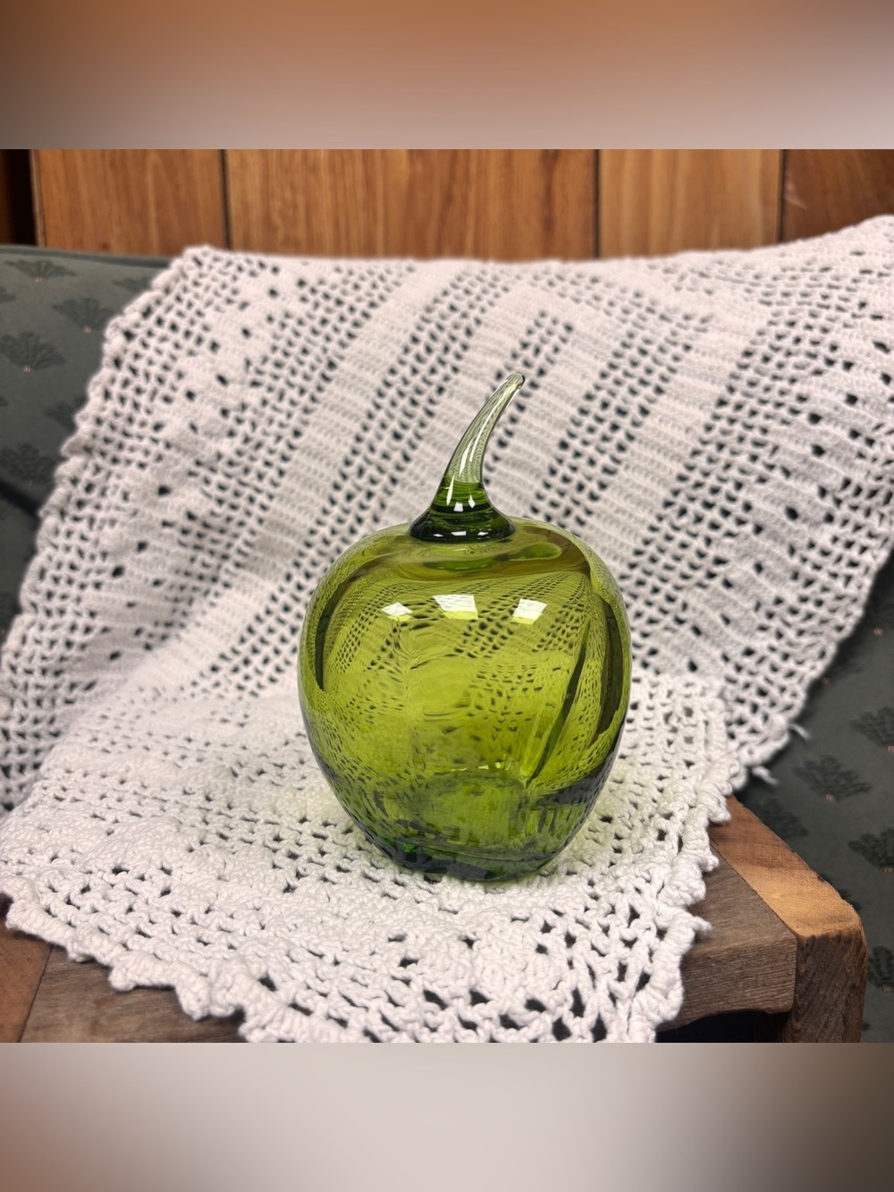 Vintage Handblown Viking Glass Green Hollow Apple Pepper MCM Paperweight